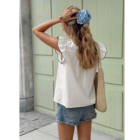 Cotton White Button Down Shirt Blue Floral Embroidery Ruffle Cap Sleeves V-Neck - Picture 4 of 9